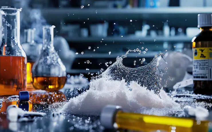 Spilled chemical material and containers in a laboratory