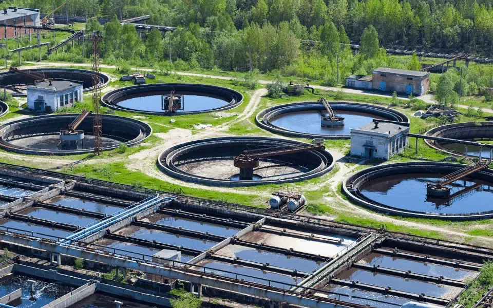Circular clarifiers at a water treatment facility