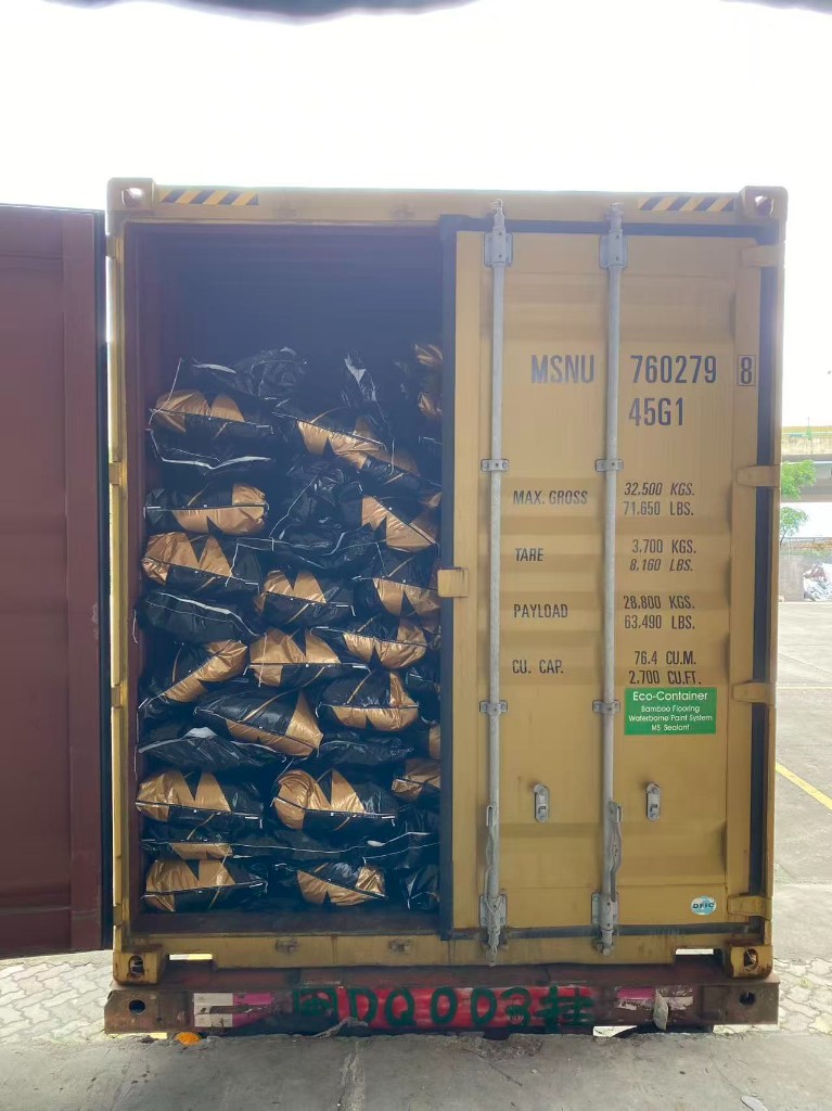 Coconut shell activated carbon export container loading with patterned bags for Zimbabwe gold mine CIP shipment