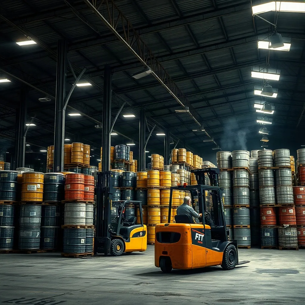 Industrial chemical supplier warehouse with packaged drums for export orders
