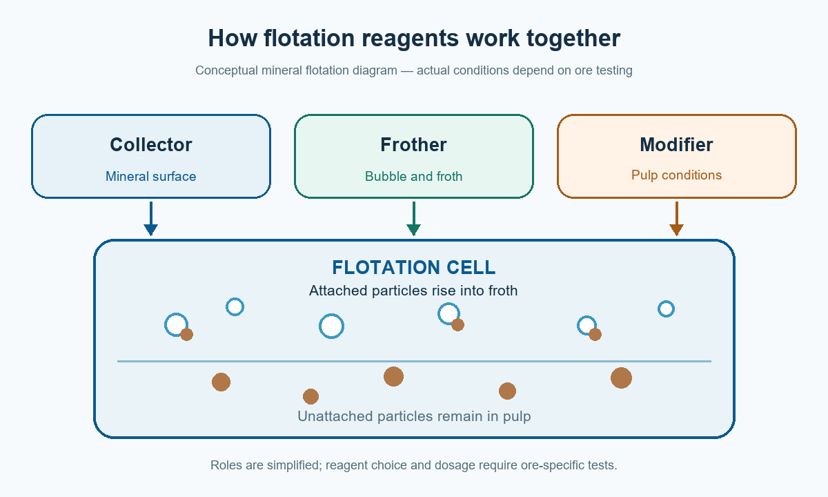 Diagram showing collectors acting on mineral surfaces, frothers on bubbles and froth, and modifiers on pulp conditions in a flotation cell