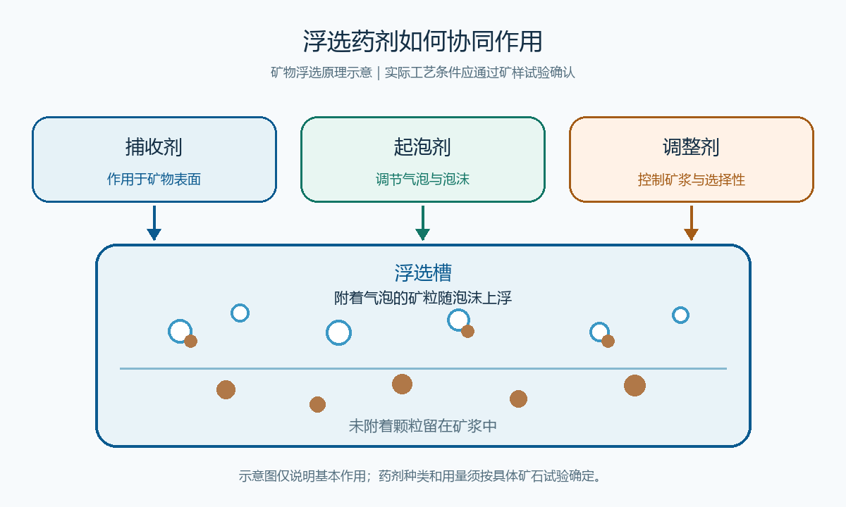 浮选原理示意图：捕收剂作用于矿物表面，起泡剂调节气泡与泡沫，调整剂控制矿浆条件