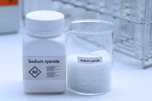 Sealed sodium cyanide container and laboratory sample illustrating transport safety